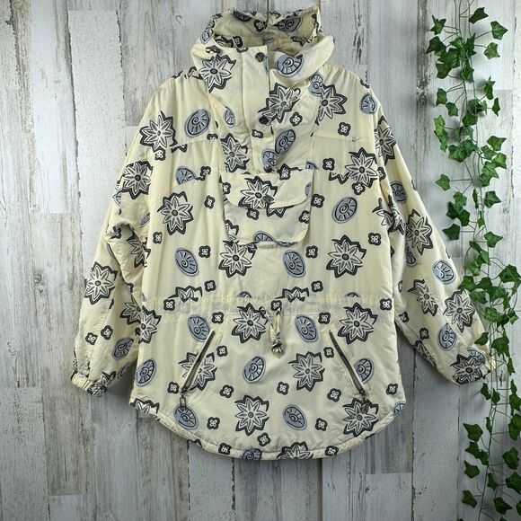 Vtg L.L. Bean Cream Light Yellow Flower Insulated Pull-Over Hooded Jacket Coat M - Picture 1 of 9